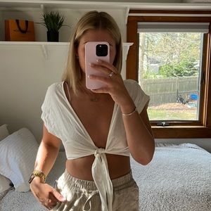 Princess Polly White Linen Tie Top